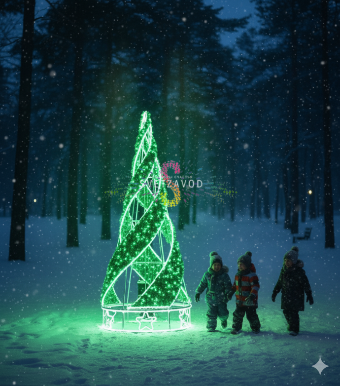 Крупный план светодиодной елки Конус с золотой мишурой, стальным каркасом и теплым белым свечением, установленной на улице.