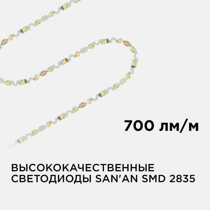 Детальное фото гибкой светодиодной ленты S-типа 6мм, теплый белый свет 3000K, 60 диодов SMD2835 на метр, 5м в упаковке.