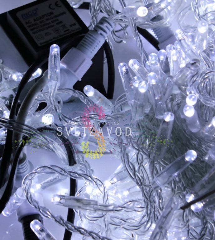 Детальное фото комплекта гирлянды Клип Лайт Спайдер SSP-118: 3 нити по 20м на прозрачном проводе, блок питания 220/24В, упаковка.