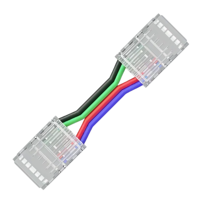 Детальное фото прокалывающего коннектора 4 pin для RGB LED ленты 10мм COB. Прозрачный корпус, провод 150мм, IP20.