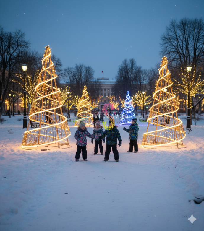 Крупный план светодиодной елки Конус с золотой мишурой, стальным каркасом и теплым белым свечением, установленной на улице.