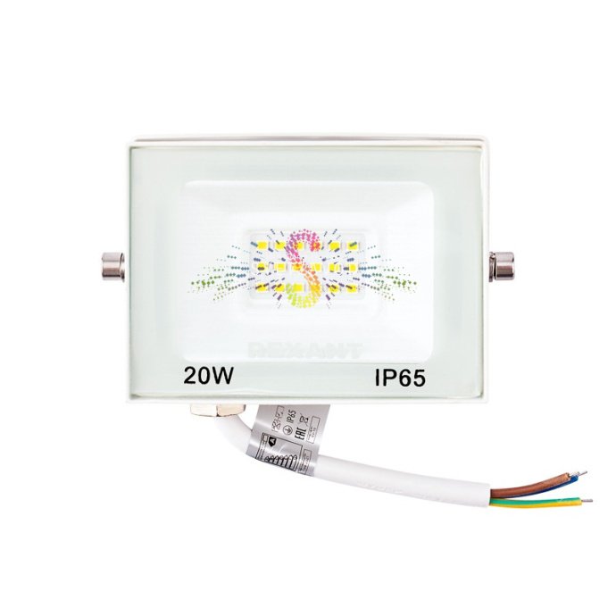 Белый светодиодный прожектор REXANT 20Вт с теплым свечением, алюминиевым корпусом, степенью защиты IP65 и накладным креплением.