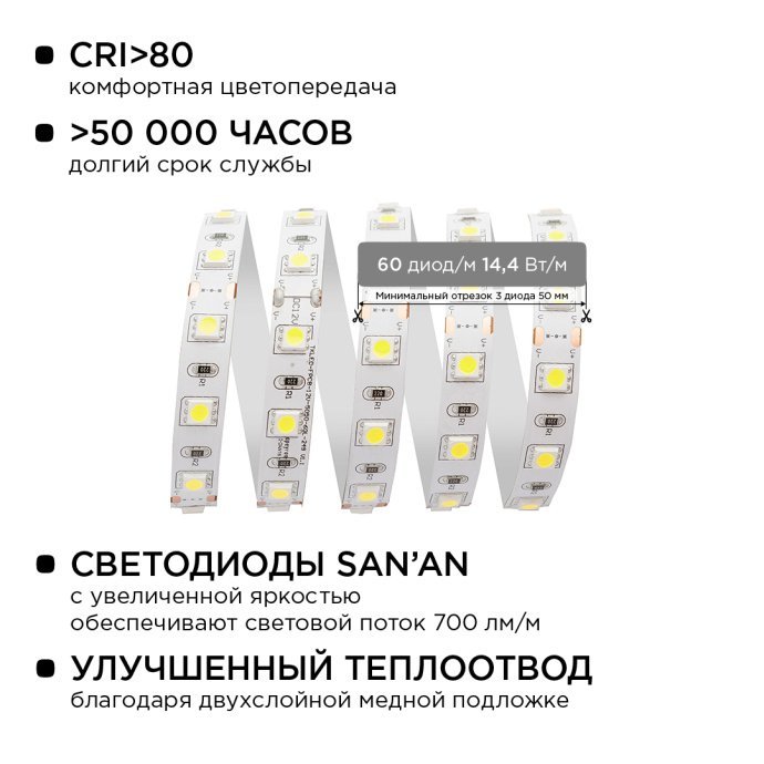 Светодиодная лента холодного белого 6500К, SMD5050, 60LED/м, 14.4Вт, с БП 12Вт, выключателем, коннектором 5.5х2.1, IP20.
