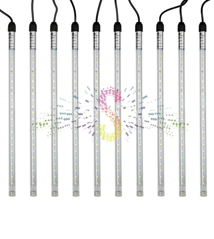 Детальное фото гирлянды Тающие сосульки: 10 пластиковых трубок по 30 см на 10-метровом каучуковом проводе, блок питания 24В.