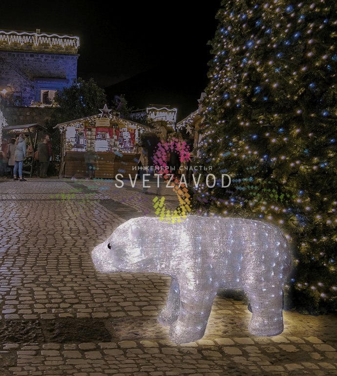 Детальное фото акриловой 3D фигуры Полярный медведь с 400 светодиодами. Видны конструкция из акрила, равномерное свечение и штатные крепления.