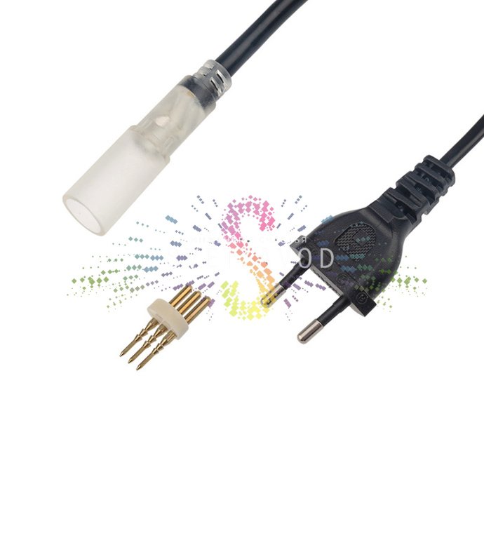 Детальное фото комплекта подключения SLD-483 для трехжильного дюралайта диаметром 13мм: шнур питания 1.5м с выпрямителем, коннектор, игла для соединения, заглушка.