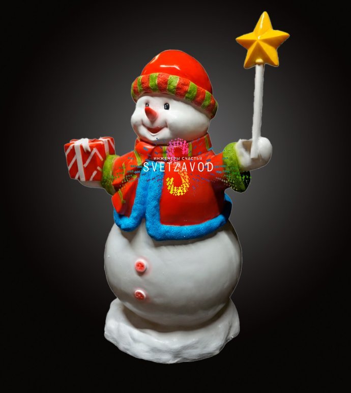 Детальное фото светодиодной фигуры Снеговик с звездочкой для уличного использования. Видны светодиоды, материал стекловолокно и крепления.