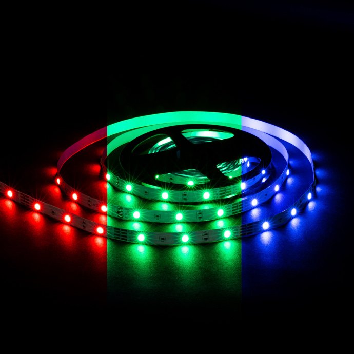 Детальное фото гибкой светодиодной ленты RGB SMD5050 30д/м IP20, ширина подложки 10мм, 5 метров, белая основа, многоцветное свечение, 12В.