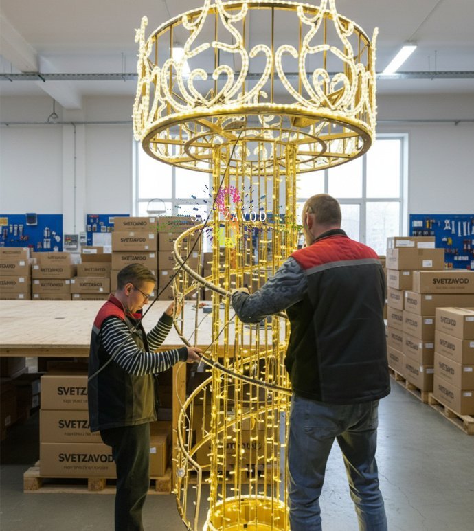 Крупный план светодиодной консоли Корона от Светзавод, металлический каркас, светодиоды синего и теплого белого цвета, уличное исполнение.