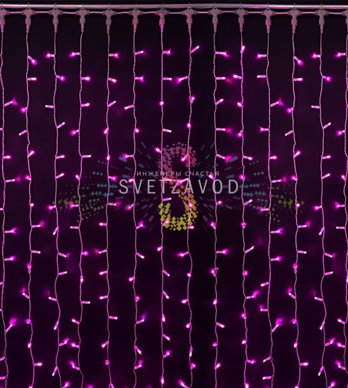 Детальное фото светодиодного дождя Rich Led: горизонтальный шлейф длиной 2 метра с 20 нитями по 3 метра, белый ПВХ кабель, розовые светодиоды с защитными колпачками.