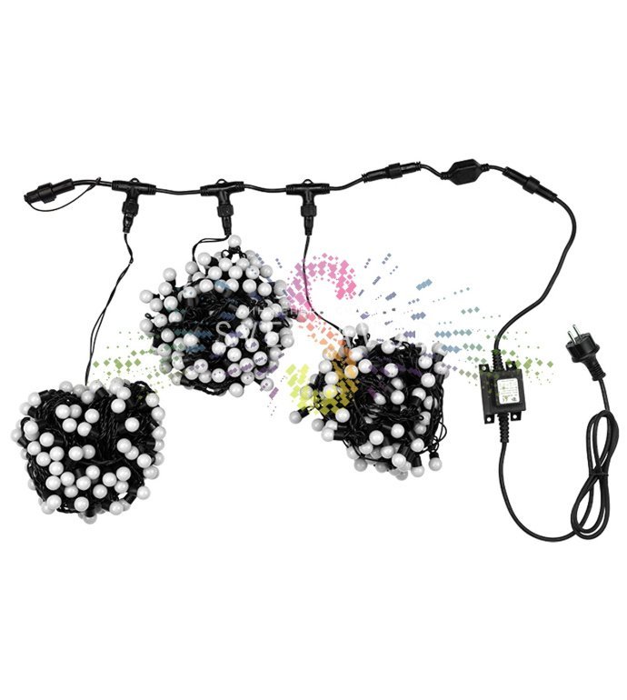 Детальное фото гирлянды Клип Лайт Спайдер Шарики RGB: черный ПВХ провод, шарики диаметром 17.5 мм, расстояние между диодами 15 см, виден контроллер и блок питания 220/24В.