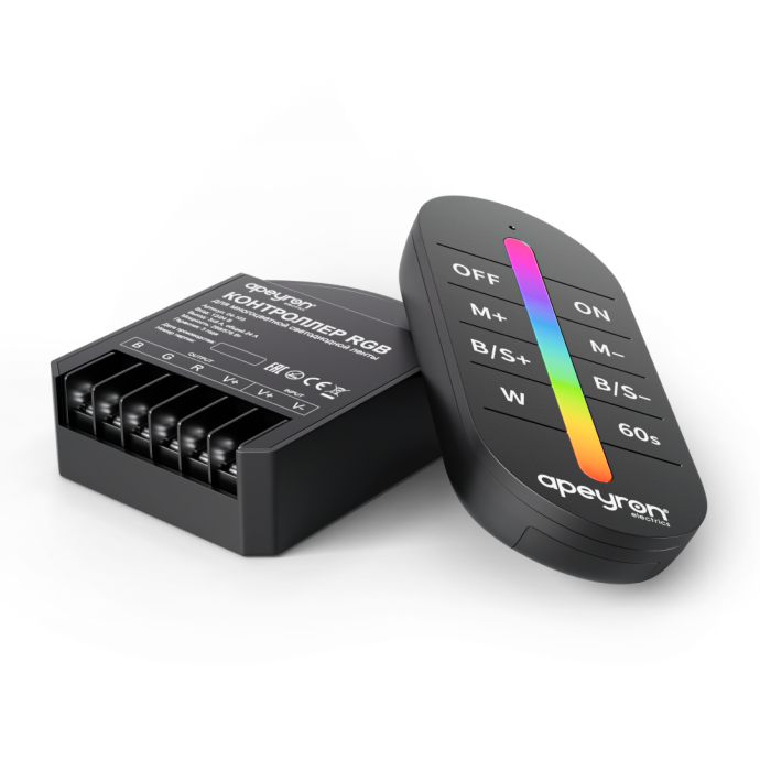 Детальное фото контроллера RGB 12-24В: клеммы 3 канала, маркировка 24А, пластик IP20, разъём ПДУ и сенсорный пульт.
