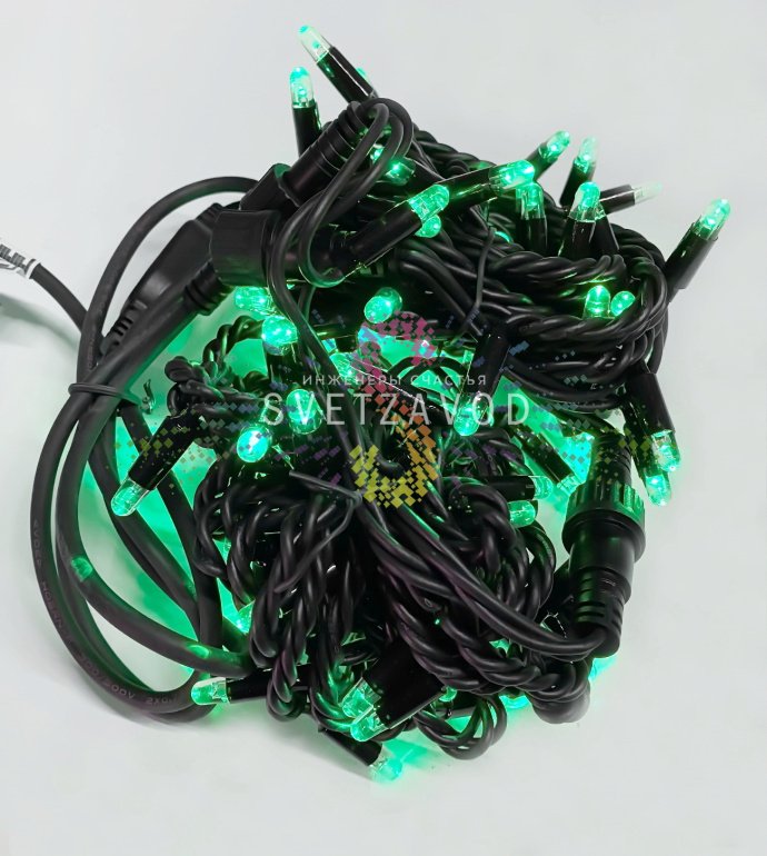 Детальное фото гирлянды-нити Стринг Лайт 24В, зеленое свечение, черный каучуковый провод, защитные колпачки на светодиодах, длина 10 метров.