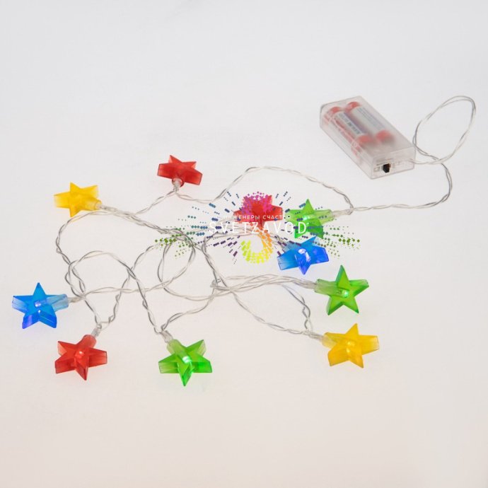 Детальное фото гирлянды Neon-Night Звездочки: матовые разноцветные звездочки, прозрачный ПВХ провод длиной 1,5 м, батарейный блок для 2х АА.