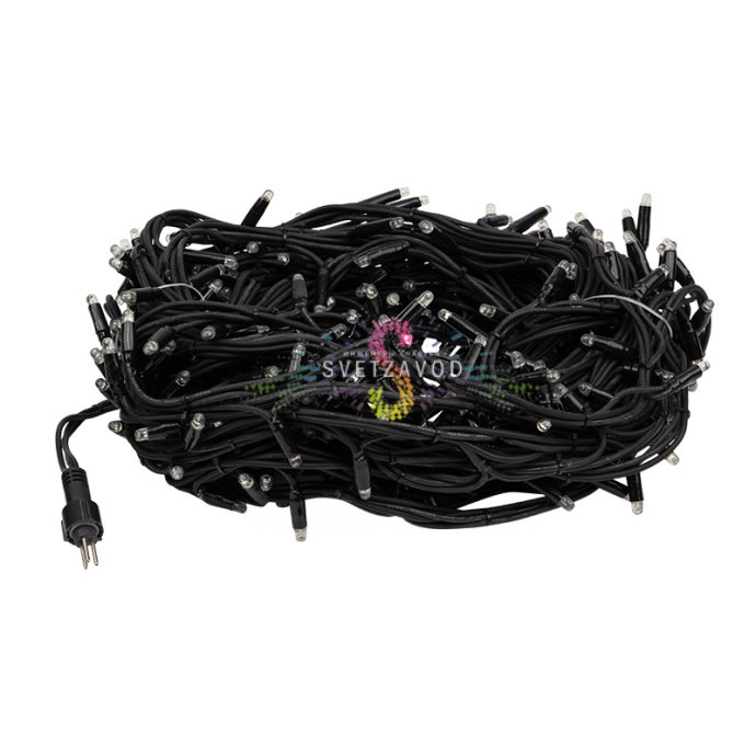 Детальное фото гирлянды-нити Твинкл Лайт длиной 20 метров. Видны черный каучуковый провод, яркие светодиоды с защитными колпачками и встроенный контроллер. Детальное фото гирлянды-нити Твинкл Лайт длиной 20 метров. Видны черный каучуковый провод, яркие светодиоды с защитными колпачками и встроенный контроллер.