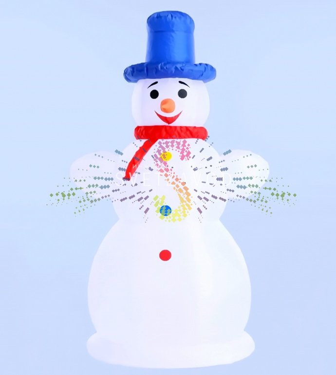 Крупный план надувной фигуры 3D Снеговика с внутренней светодиодной подсветкой, видны ткань ПВХ, крепления и компрессор.