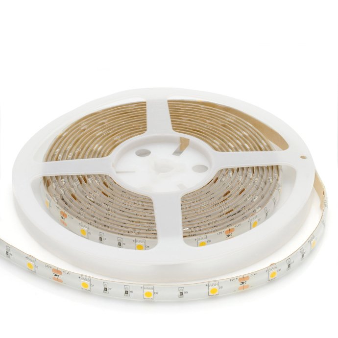Светодиодная лента 12В SMD 5050 теплый белый 3000K, двухслойная основа, кратность реза 100 мм, с проводом и коннектором