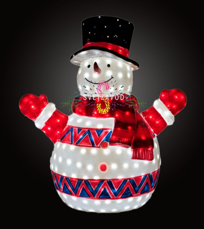 Детальное фото светодиодной фигуры Снеговик из стекловолокна. Видны светодиоды, шарф, влагозащищенный корпус IP65 и блок питания 24В.