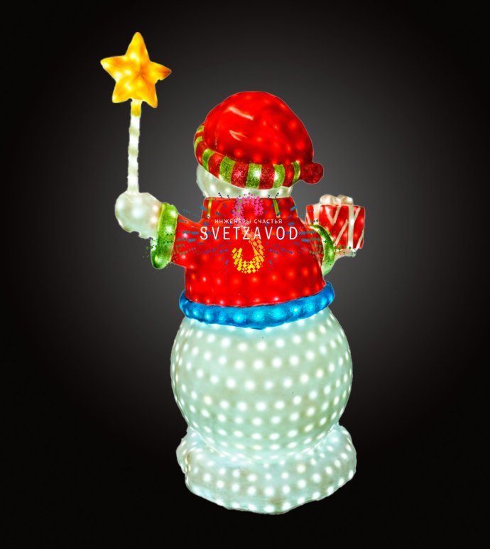 Детальное фото светодиодной фигуры Снеговик с звездочкой для уличного использования. Видны светодиоды, материал стекловолокно и крепления.