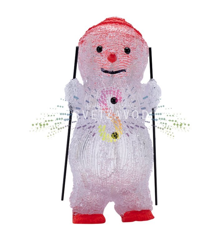 Детальное фото акриловой светодиодной фигуры 3D Снеговик на лыжах от Neon-Night. Видны 30 светодиодов, объемная форма, размеры 16х20х29 см, используется в интерьере. Детальное фото акриловой светодиодной фигуры 3D Снеговик на лыжах от Neon-Night. Видны 30 светодиодов, объемная форма, размеры 16х20х29 см, используется в интерьере.