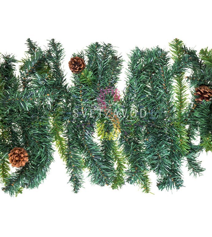 Детальное фото елового шлейфа Neon-Night: видна структура из 220 гибких веток ПВХ с иголками 0.07 мм и 14 декоративных шишек, демонстрируется длина 2,7 м и диаметр 36 см.