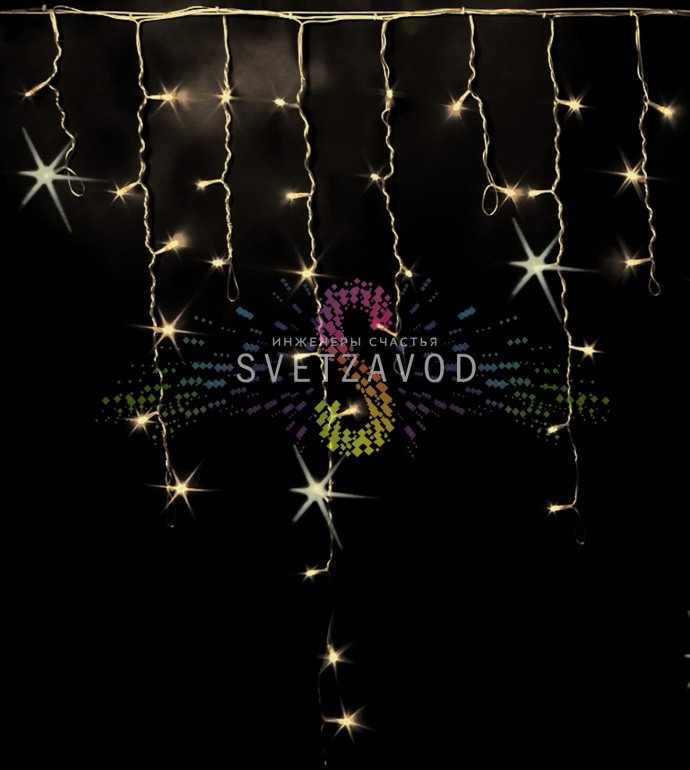 Детальное фото светодиодной бахромы Rich Led: горизонтальный кабель 3 метра с вертикальными нитями разной длины (20/30/40/90 см), прозрачная изоляция, светодиоды DIP.