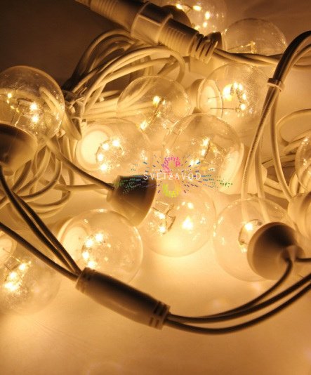 Гирлянда с лампами, теплая белая, 10 метров, 50 ламп, белый провод