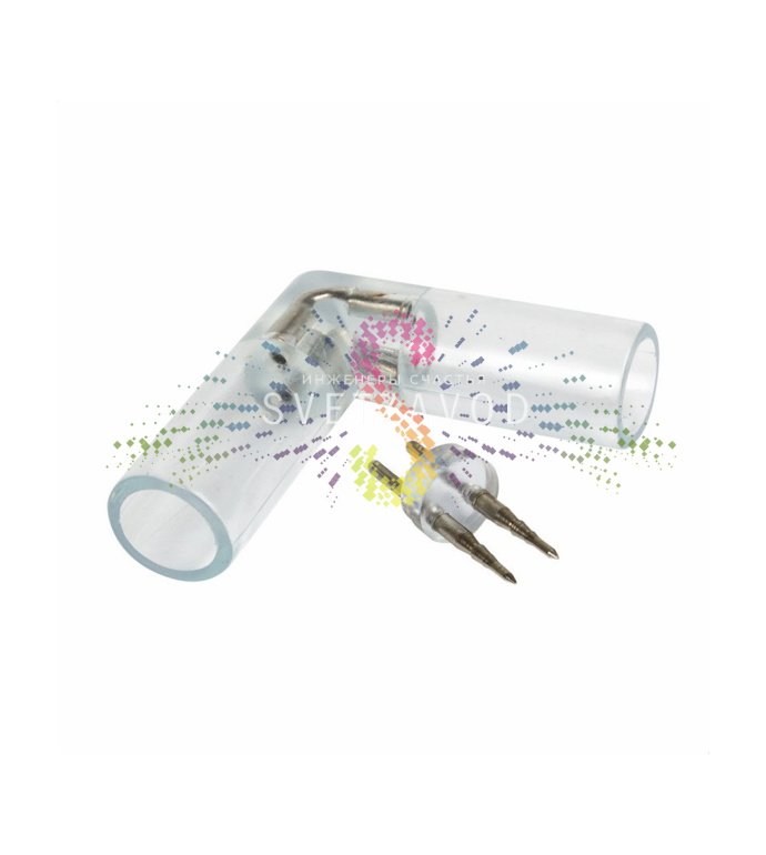 Детальное фото L-образного коннектора для дюралайта диаметром 10мм, в комплекте две монтажные иглы, на белом фоне.