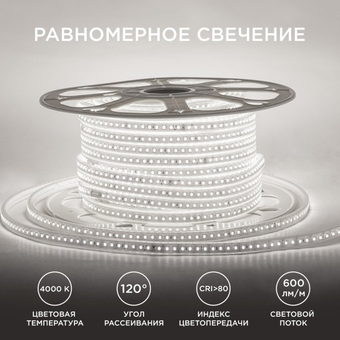 Детальное изображение светодиодной ленты 220В 8Вт SMD2835 120LED/м IP65 с дневным белым светом 4000К, рассеиватель 13.5х7мм.