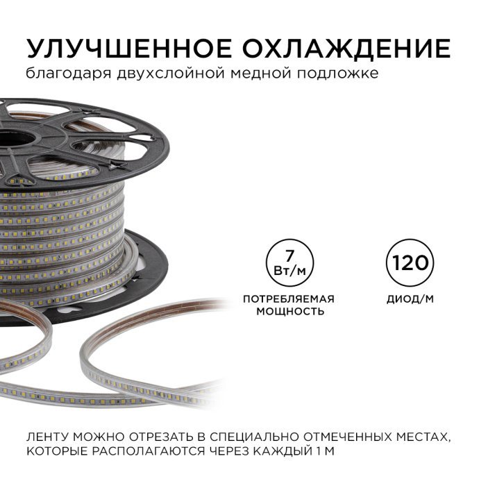 Макрофотография: гибкая светодиодная лента 220В 7Вт холодный белый свет 6500K в прозрачной силиконовой оболочке, видны smd2835 чипы, на катушке 50 метров