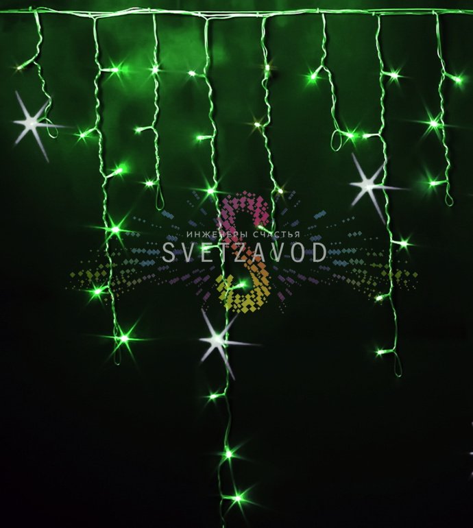 Детальное фото светодиодной бахромы Айсикл Rich Led: горизонтальная шина 3 метра с вертикальными нитями разной длины до 0.9 м, зеленые и мерцающие белые светодиоды, прозрачный ПВХ провод, коннекторы для соединения.