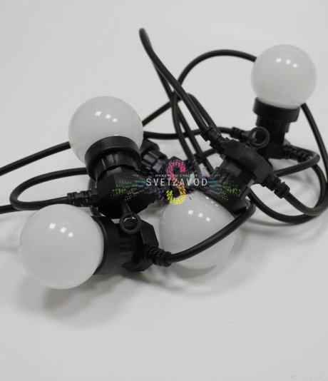 Гирлянда с лампами, белая, 10 метров, 50 ламп, черный провод 