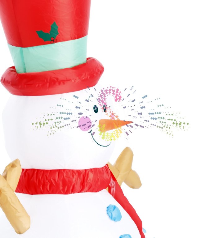 Детальное фото надувной фигуры 3D Снеговика в красном цилиндре. Видны светодиодная подсветка, прочный ПВХ материал, компрессор и крепления для установки на улице.