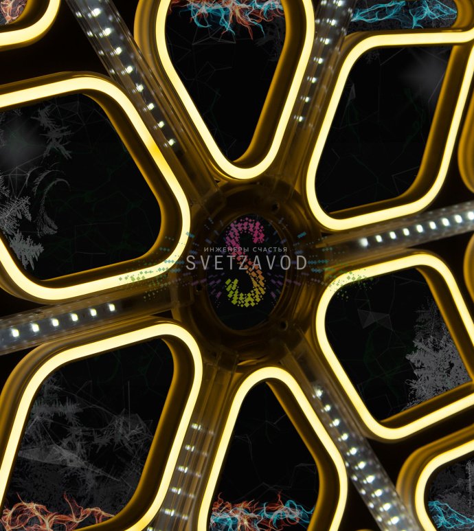 Крупный план светодиодной снежинки из неона на пластиковом каркасе с видимым эффектом динамической подсветки 'тающая сосулька'.