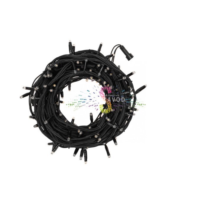 Крупный план светодиодной гирлянды-нити Твинкл Лайт длиной 20 метров с черным каучуковым проводом и теплыми белыми светодиодами.