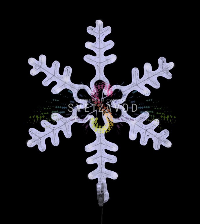 Детальное фото светодиодной снежинки Neon-Night: металлический каркас с порошковой покраской, светодиодный дюралайт, вилка для подключения, ушко для монтажа.