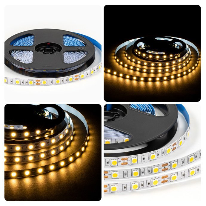 Крупный план: LED лента 12В SMD 5050 60д/м, теплый белый 3000К, двухслойная медная подложка, белая основа 10мм.