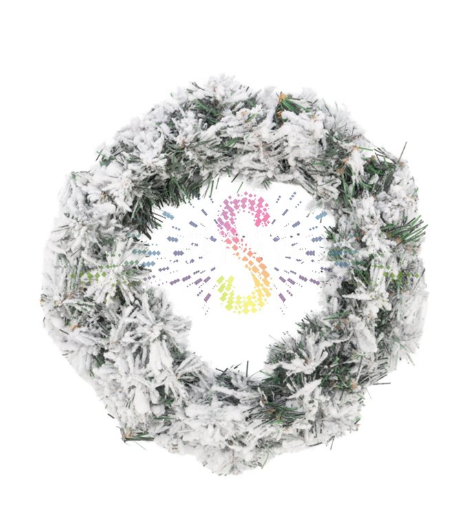 Детальное фото рождественского елового венка Neon-Night арт. SEL-387. Видны реалистичные заснеженные ветки из ПВХ зеленого цвета.