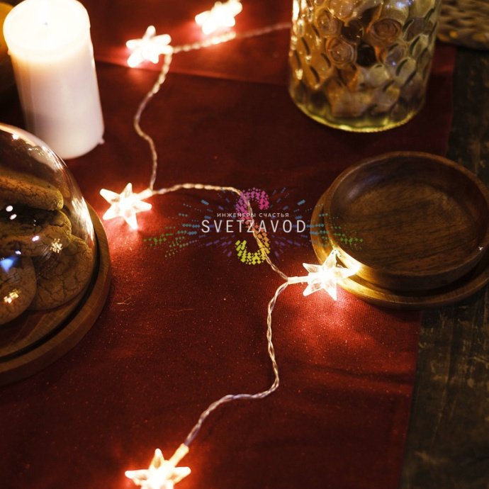 Детальное фото гирлянды Neon-Night Звездочки: 10 светодиодных звезд на прозрачном ПВХ-проводе, упаковка в коробке, элементы питания АА.