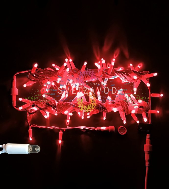 Детальное фото гирлянды-нити Стринг Лайт 10м с красными светодиодами, белым ПВХ проводом и защитными колпачками, степень защиты IP65.