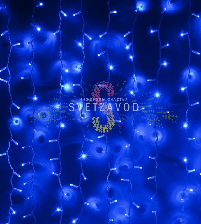 Детальное фото светодиодного дождя SPL-989: горизонтальный шлейф 2м с 20 нитями по 1.5м, 380 синих светодиодов, белый ПВХ провод, коннекторы для соединения.