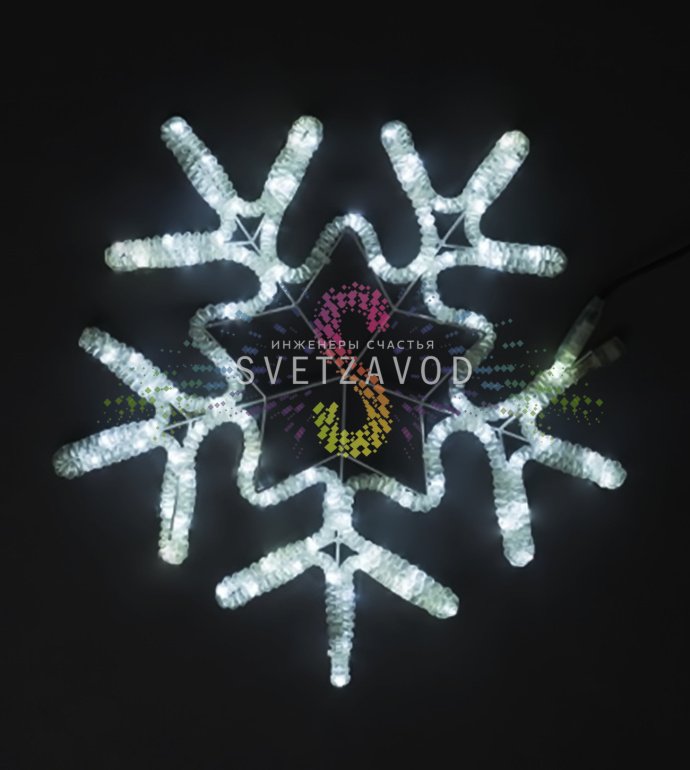 Детальное фото светодиодной снежинки для улицы и помещения. Видны металлический каркас, светодиодный дюралайт и крепежное ушко. Размер 57х56 см, степень защиты IP65.