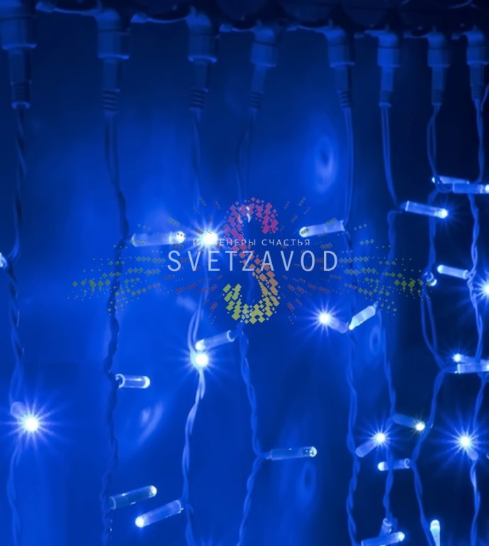 Детальное фото светодиодного дождя SPL-989: горизонтальный шлейф 2м с 20 нитями по 1.5м, 380 синих светодиодов, белый ПВХ провод, коннекторы для соединения.