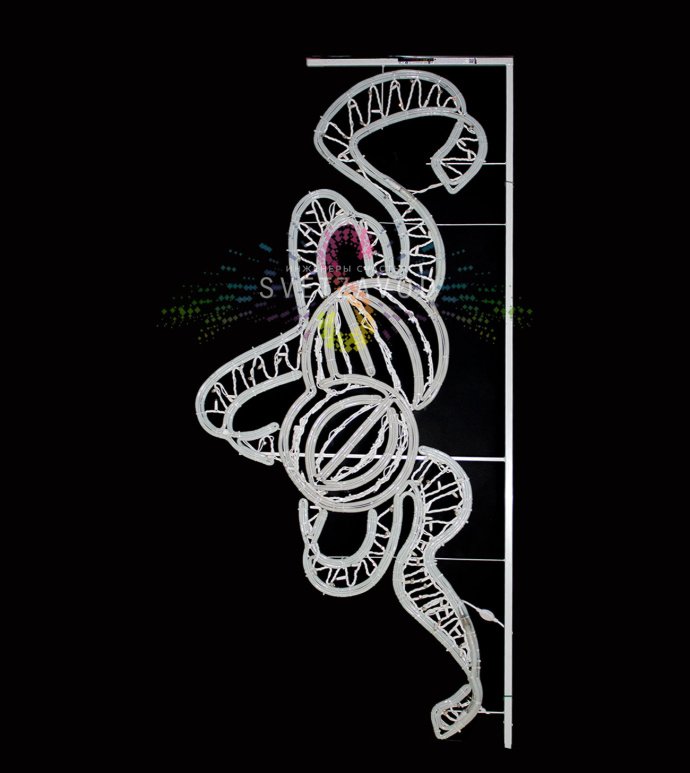 Детальное фото светодиодной уличной консоли Шары на белой ленте: два светящихся шара, длинная лента, металлический каркас, подключение.