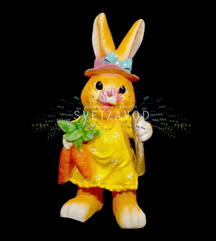 Детальное фото светодиодной фигуры Заяц с морковкой (арт. SAK-717). Видны светящиеся элементы, материал стекловолокно, размеры 30x68x25 см.