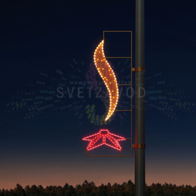 Детальное фото светодиодной консоли "Вечный огонь" для 9 мая. Видны пятиконечная звезда, языки пламени, металлический каркас и светодиодные модули. Габариты 135х58х3 см.