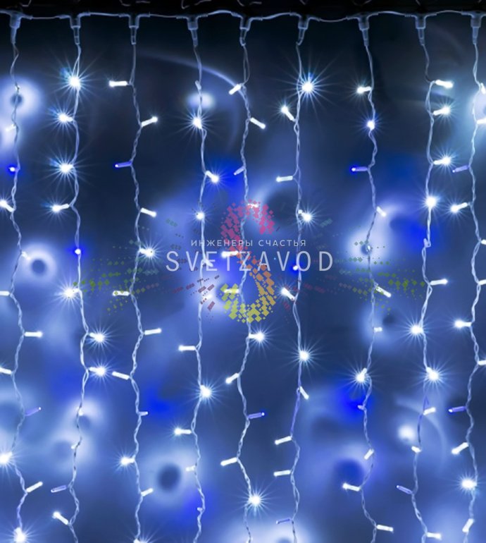 Детальное фото светодиодного дождя 2х1,5м: 20 вертикальных нитей по 1,5м с 380 белыми светодиодами, эффект мерцания, белый ПВХ провод, IP65.