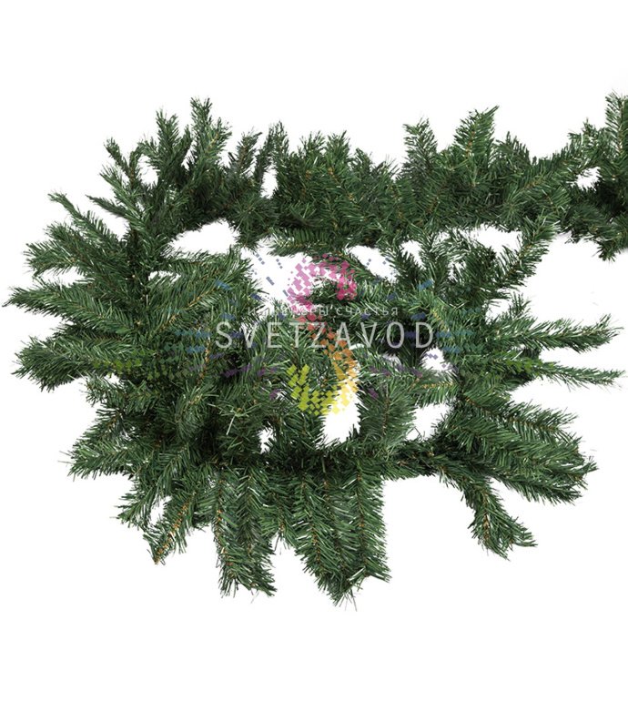 Детальное фото искусственного елового шлейфа Neon-Night длиной 2,7 м. Видны многочисленные мягкие ветки ПВХ, упаковка.