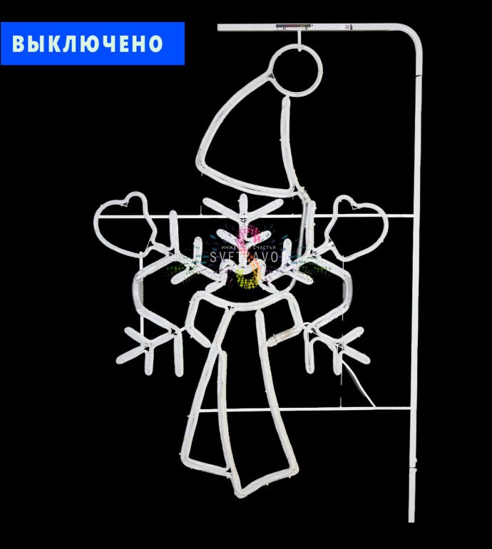 Детальное фото светодиодной консоли 'Снежинка в шапке'. Видны металлический каркас, светодиодные линии синего и белого цвета, элементы крепления бандажной лентой.