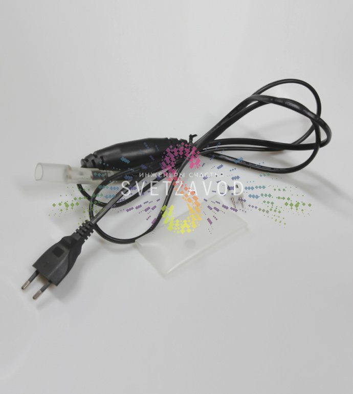 Детальное изображение силового шнура с диодным мостом: черный кабель длиной 1.83 метра, стандартная вилка, герметичный разъем для дюралайта диаметром 13 мм.